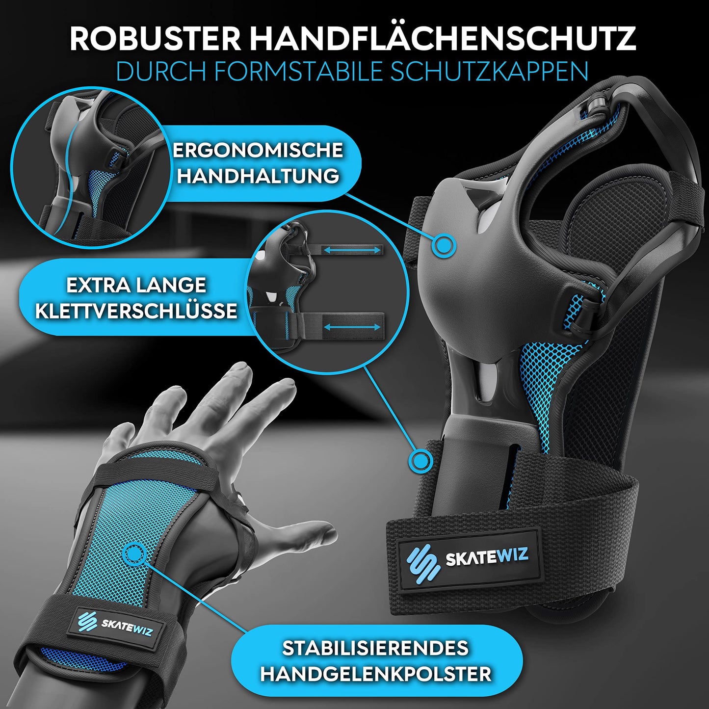 SKATEWIZ Adult Inline Skate Guards - Protective Gear - Skate Protectors for Women and Men - Knee and Elbow Pads - Skating Knee Pads - Impact Size L Blue