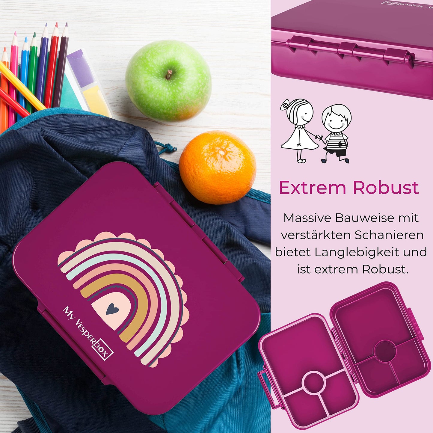 My Vesperbox - Bia - Bento Box Children - NEW - REINFORCED LOCKS - Leak-proof & BPA free - extremely durable - Lunchbox - ideal for kindergarten and school... (Purple - Rainbow)