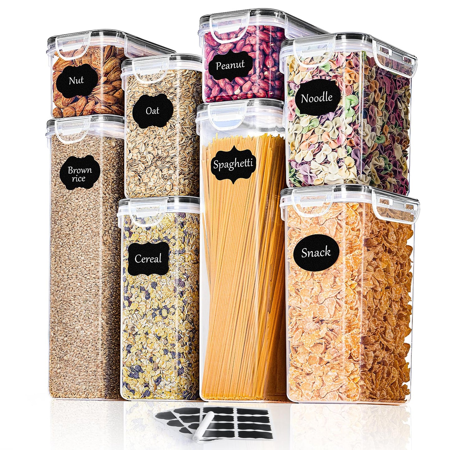 Airtight food storage containers set of 8 with lids, BPA free, total capacity 14L, kitchen storage boxes, moth-proof kitchen organizers for cereal, granola, flour, with labels.