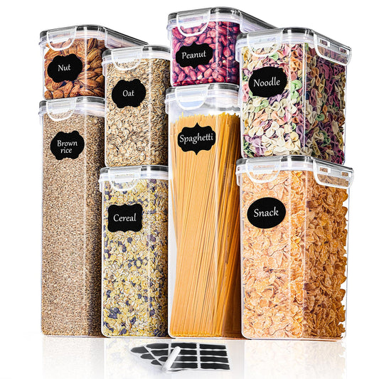 Airtight food storage containers set of 8 with lids, BPA free, total capacity 14L, kitchen storage boxes, moth-proof kitchen organizers for cereal, granola, flour, with labels.