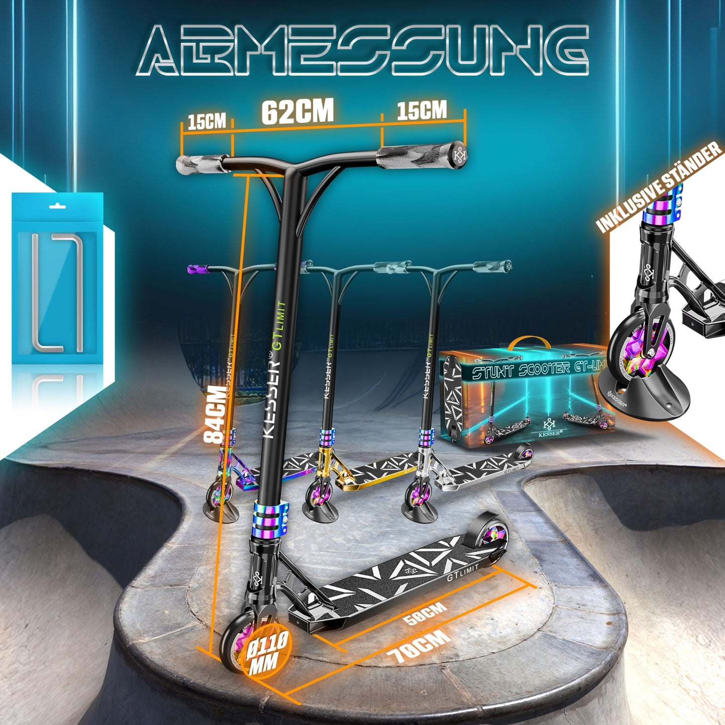 KESSER® Stunt Scooter GT-Limit 360° steering fun scooter stunt scooter with stand ABEC 9 bearings, 110 mm PU wheels, kick scooter push scooter trick roller for kids adults.