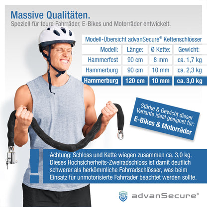 advanSecure® high-security chain lock with saddle bag | ideal for e-bikes | max. security level | 120 cm length, 10 mm chain links | hardened special steel