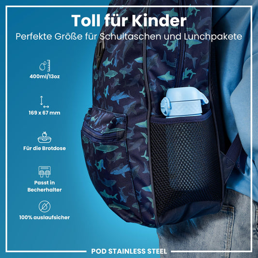 ion8 Kids Water Bottle, Stainless Steel Light 400ml, Not Insulated, Leak Proof, One-Hand Opening, Secure Locking, Dishwasher Safe, Foldable Lid, Handle, Easy to Clean, Alaska Blue