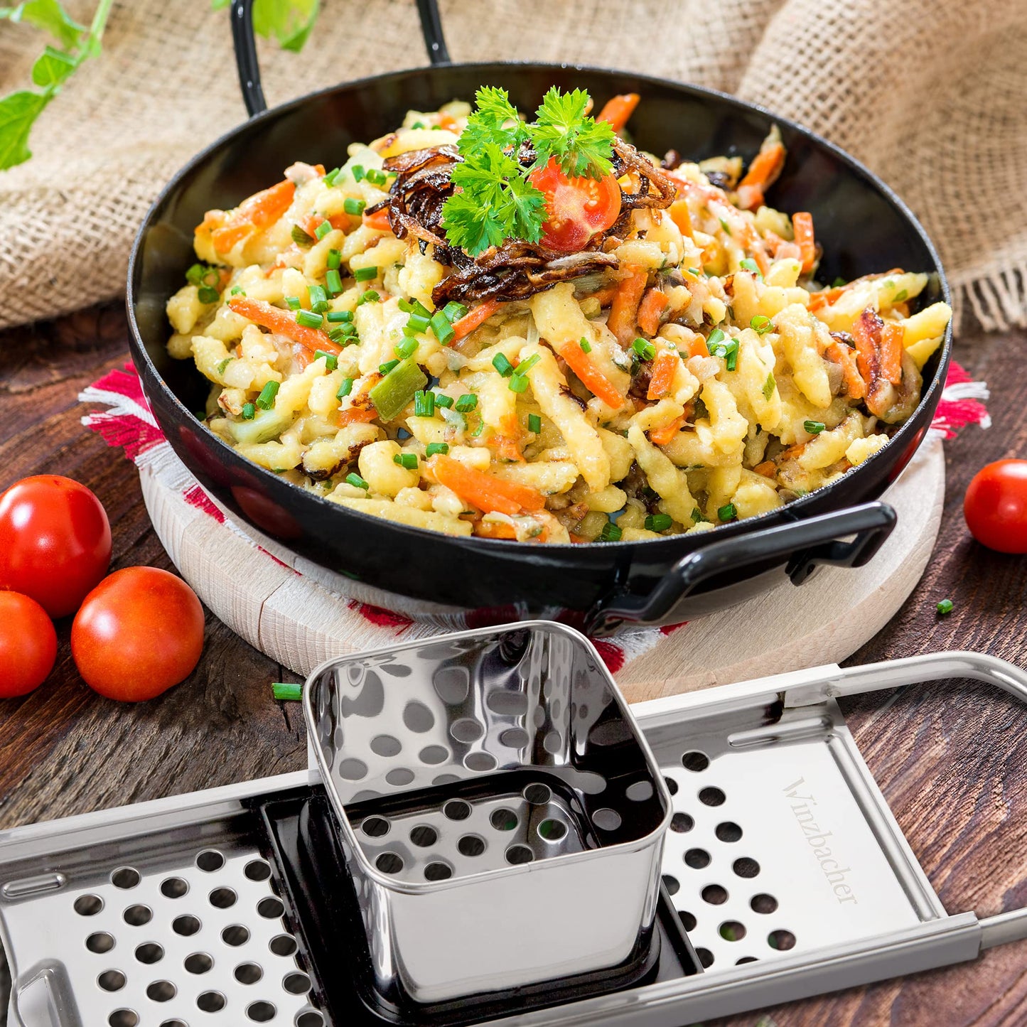 Winzbacher stainless steel spaetzle maker + ladle [pot Ø of 16-30cm] dishwasher safe | rustproof | spaetzle grater, spaetzle sieve, spaetzle press | for spaetzle & dumplings.