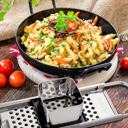 Winzbacher stainless steel spaetzle maker + ladle [pot Ø of 16-30cm] dishwasher safe | rustproof | spaetzle grater, spaetzle sieve, spaetzle press | for spaetzle & dumplings.