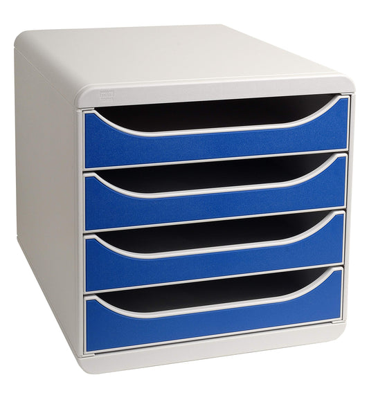Exacompta 310003D Premium filing box with 4 drawers for A4+ documents. Durable drawer box with high capacity for more space on the desk. Big Box Office Light Grey|Blue