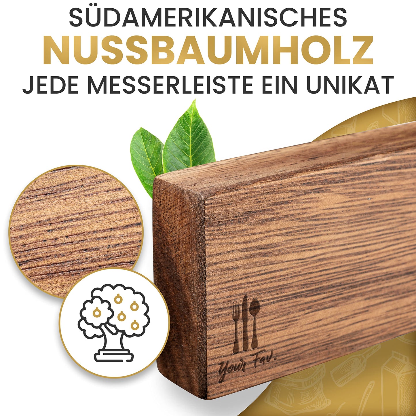 Magnetic Wooden Knife Strip - Self-Adhesive without Drilling - XL Magnet Strip Holds up to 10 Knives - 43x6.2cm - [SUPER SECURE] - Walnut Magnetic Knife Holder for Kitchen - Magnet Knife Rack