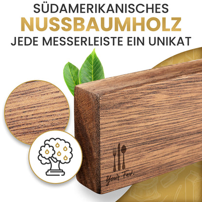 Magnetic Wooden Knife Strip - Self-Adhesive without Drilling - XL Magnet Strip Holds up to 10 Knives - 43x6.2cm - [SUPER SECURE] - Walnut Magnetic Knife Holder for Kitchen - Magnet Knife Rack