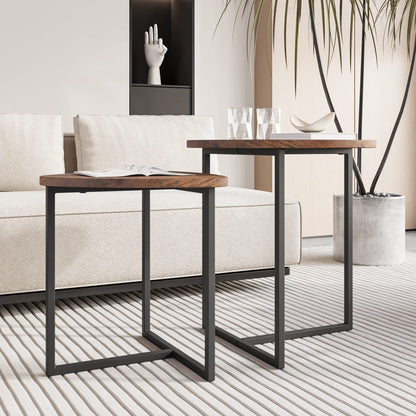 Round coffee table set of 2, side table set, sofa table, coffee table, metal base and heart-shaped wooden tabletop, industrial design, living room table, modern, black + brown.