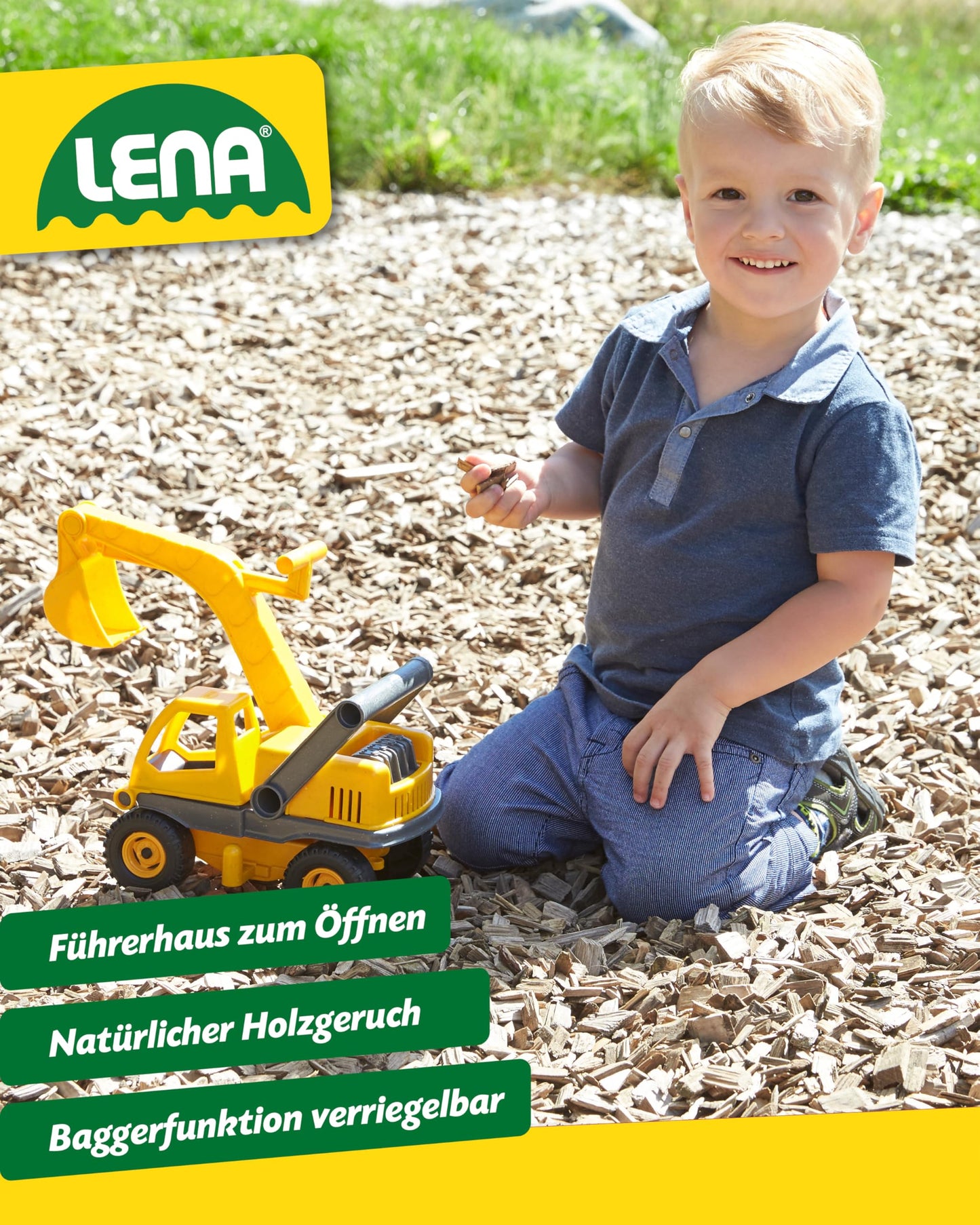 Lena 4211 EcoActives Excavator, construction vehicle approx. 35 cm, sturdy shovel excavator, natural wood scent due to ecological wood content, sand digger for children aged 2 and up, yellow play vehicle