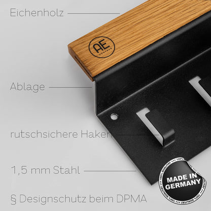 AE GÜNTHER® Key Board Wood - Key Holder Black Steel - Oak Key Board - Key Organizer with Storage - Keychain - Key Box - Wall Organizer - Key Rack