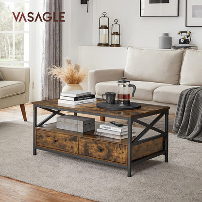 VASAGLE Coffee Table, Living Room Table, Sofa Table, for Living Room, with Drawers, X-Shaped Supports, Open Shelf, Industrial Design, Vintage Brown-Black LCT201B01