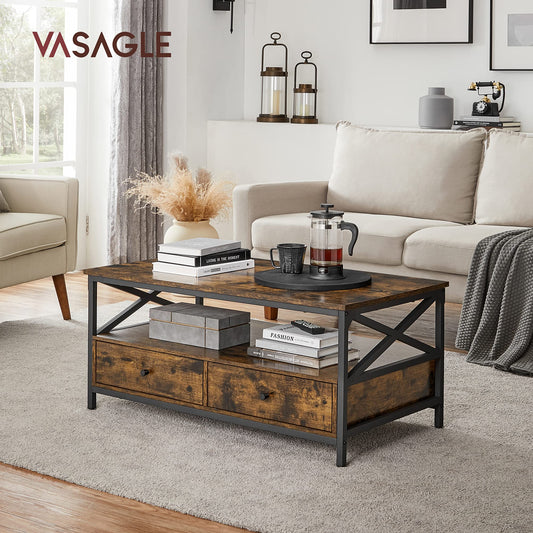 VASAGLE Coffee Table, Living Room Table, Sofa Table, for Living Room, with Drawers, X-Shaped Supports, Open Shelf, Industrial Design, Vintage Brown-Black LCT201B01