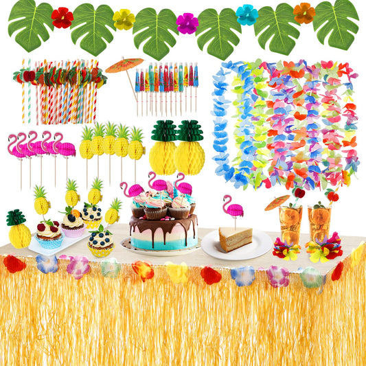 URBZUE Hawaii Party Decoration Set, 97PCS Tropical Party Decoration Set, Hawaii Luau Table Skirts, Garlands, Palm Leaves, Pineapple Flamingo Umbrella Fruit Straw Combination for BBQ, Garden Summer