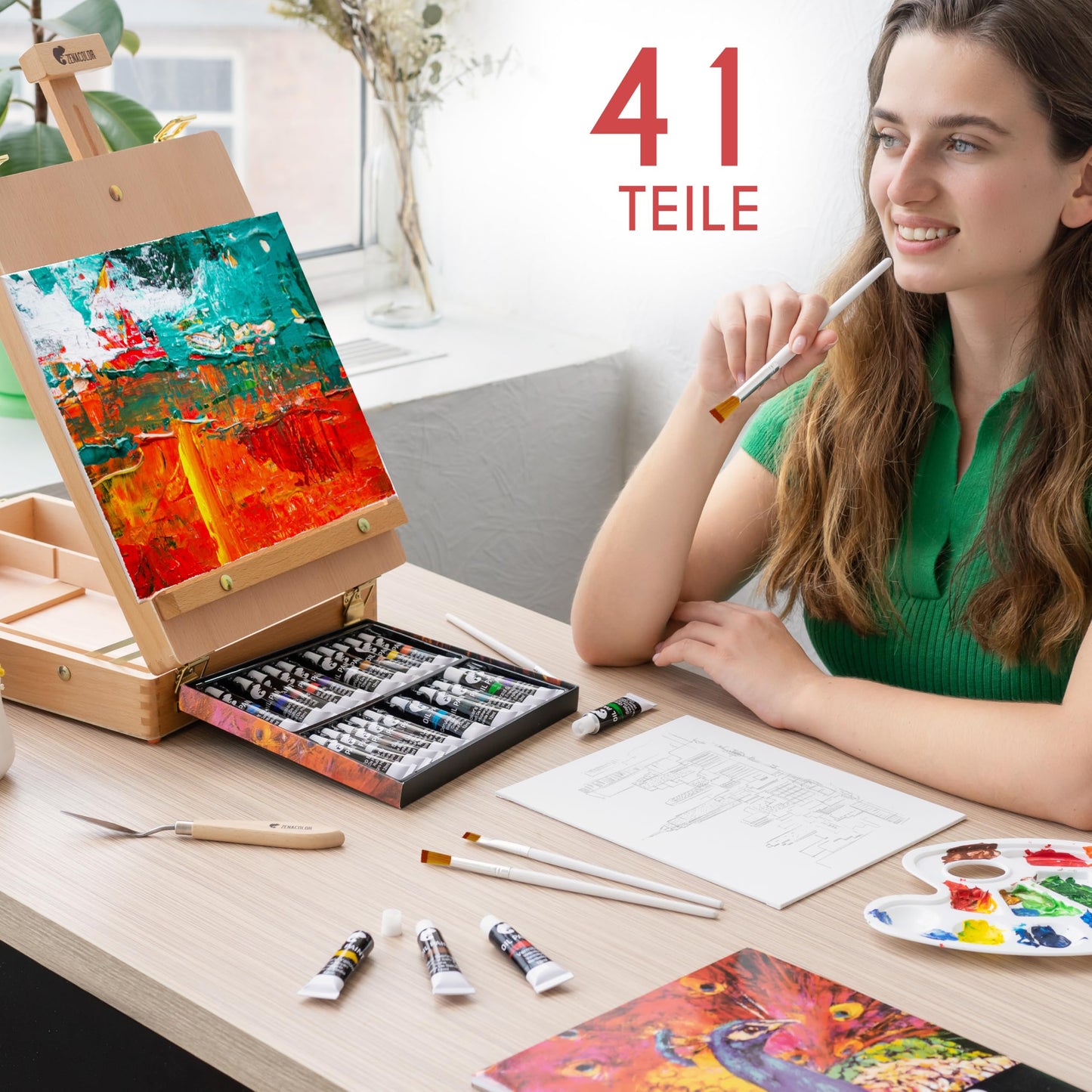Easel with oil paint set - painting kit 41 pieces: 24 tubes of oil paint 3 canvases to paint on 1 painting pad 10 brushes 1 painting spatula 1 palette 1 table easel Zenacolor