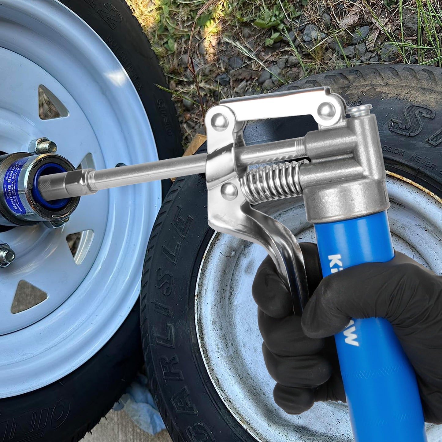 KRETLAW Mini Grease Gun Kit, small grease gun (3000 PSI) with dual 85g cartridge grease and 305mm flex hose, reinforced coupler for automotive and marine use.