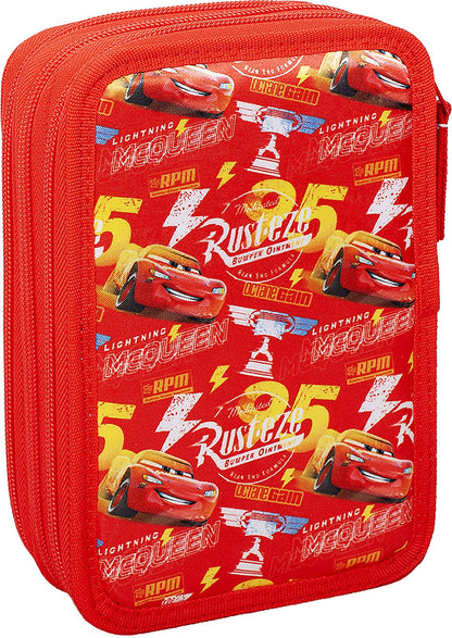 Clondo Cars pencil case, pencil pouch, 3-tier filled with 44 pieces for school, 20 cm, Lightning McQueen