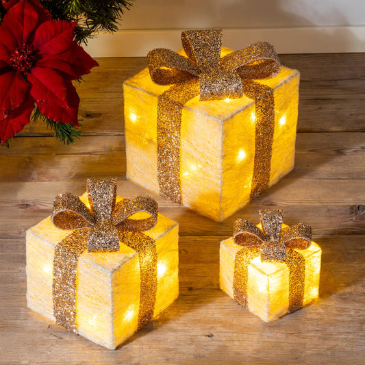 LED gift boxes with timer set of 3 - cream - Christmas decorative boxes illuminated in warm white - Christmas Advent winter tree decoration lighting battery operated