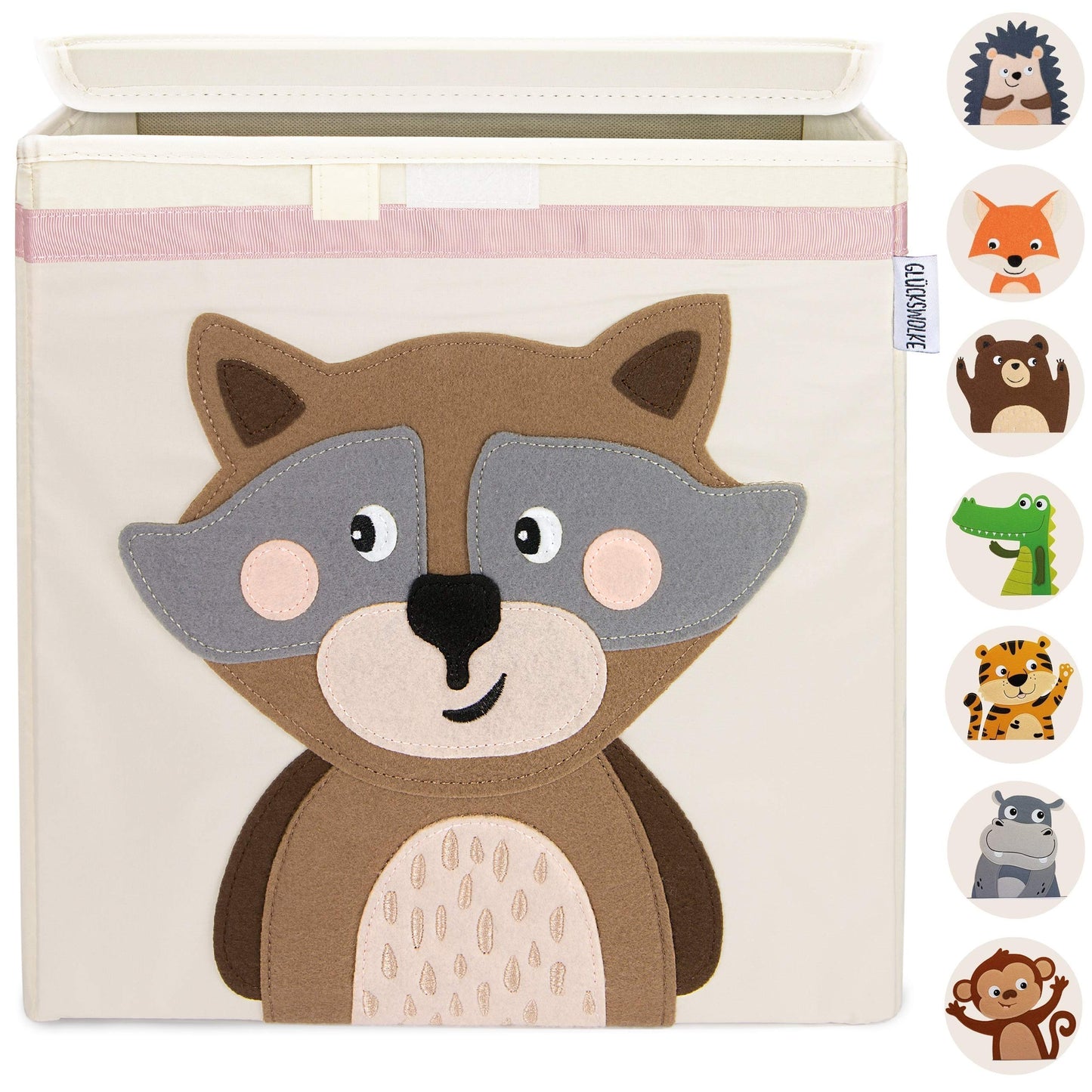 LUCKY CLOUD Kids Storage Box - 15 designs I Toy chest with lid for children's room I Toy boxes (33x33x33) for storage in the Kallax shelf I Forest animals design Raccoon
