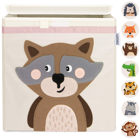 LUCKY CLOUD Kids Storage Box - 15 designs I Toy chest with lid for children's room I Toy boxes (33x33x33) for storage in the Kallax shelf I Forest animals design Raccoon