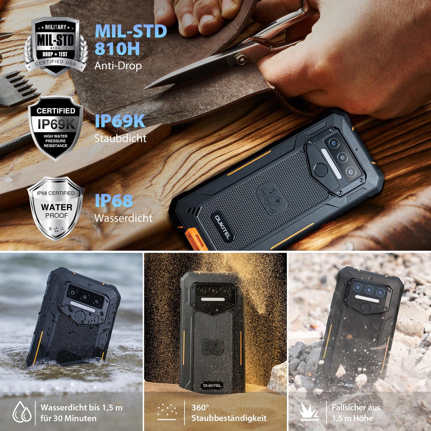 OUKITEL WP23 Outdoor Smartphone Unlocked Android 13.0, 7GB+64GB Waterproof, 10600mAh, 6.5" HD+, 13MP+5MP Panorama Camera, Dual SIM 4G, NFC/Face ID/OTG/GPS/IP68, Orange