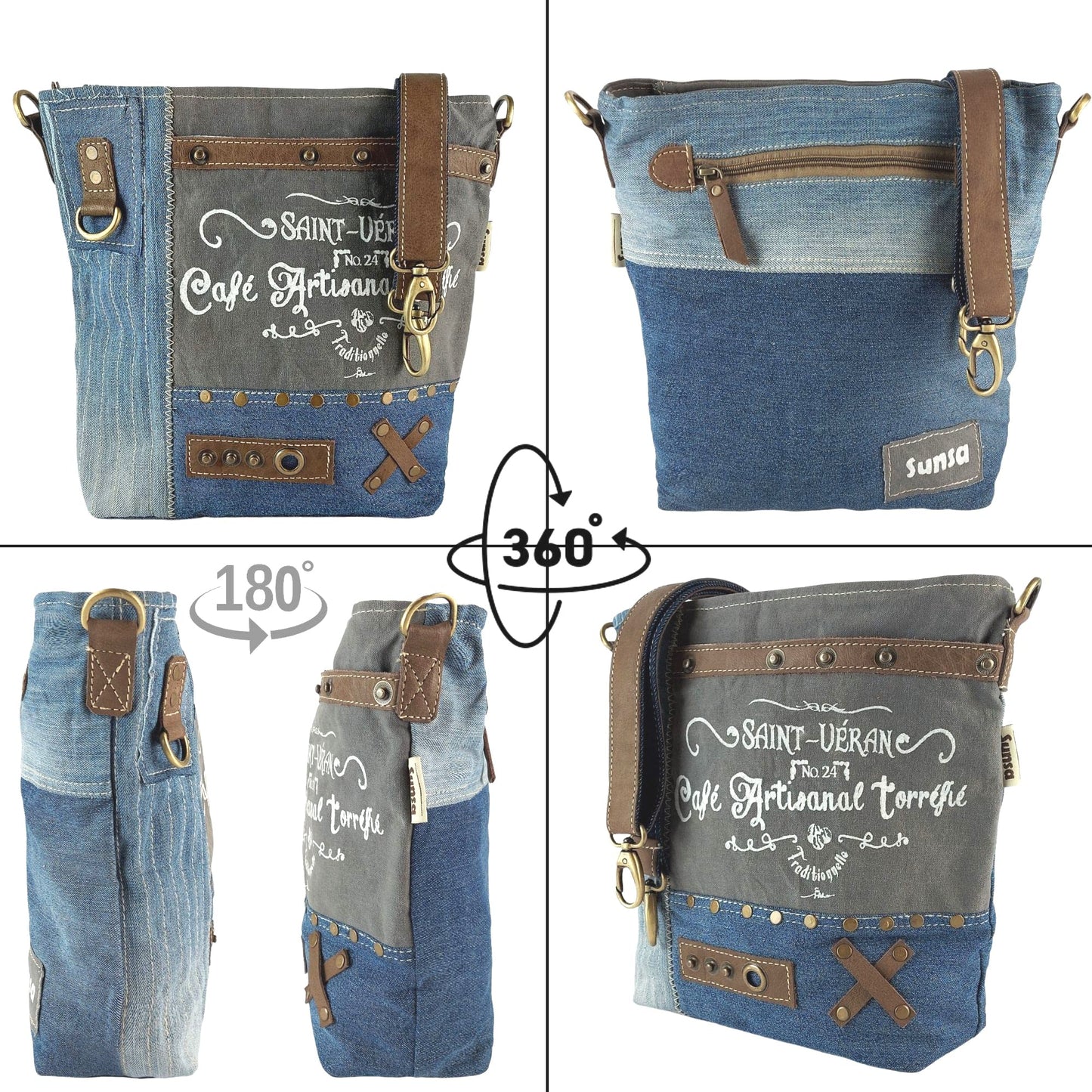 Sunsa women's shoulder bag. Crossbody bag made of canvas recycled jeans & leather. Large vintage sustainable grey handbag as gift ideas for women/girls.