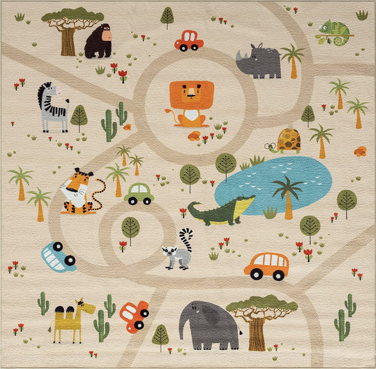 The carpet Happy Life children's room, children's carpet, play carpet, street carpet, street, jungle, animals, car, beige, 120 x 160 cm
