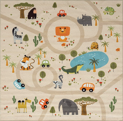 The carpet Happy Life children's room, children's carpet, play carpet, street carpet, street, jungle, animals, car, beige, 120 x 160 cm