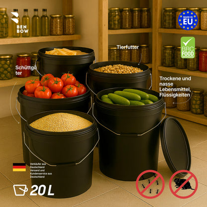 BenBow - Bucket with Lid Black 5X 20 Liters - food-safe stable airtight leak-proof odorless - Plastic storage container with metal handle - Crack-resistant grip, empty - for home