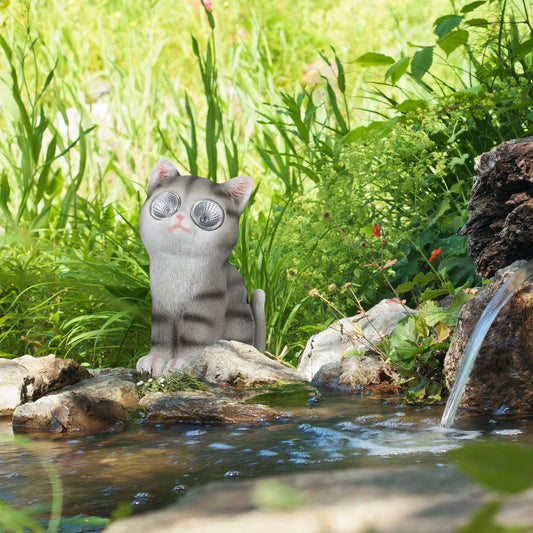 Relaxdays 4 x Garden Figurine Cat, Figure with LED Solar Eyes, Resin, Decoration for Garden, Balcony, HxWxD 23 x 12 x 14 cm, Grey