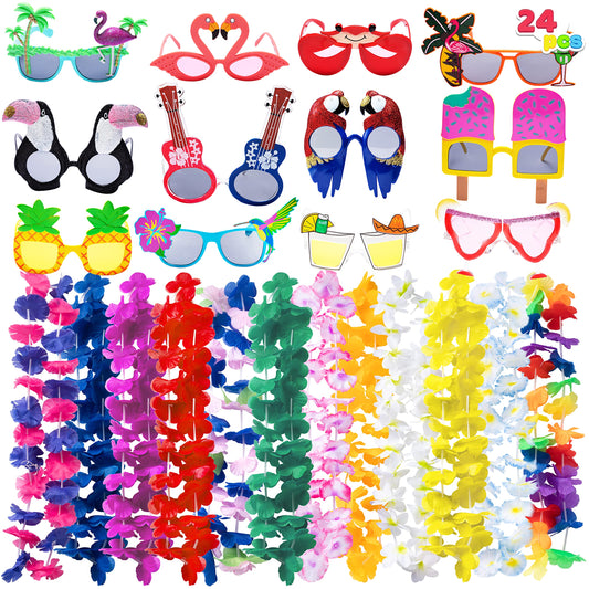 JOYIN 12 Pack Luau Party Glasses and 12 Pack Hawaiian Leis, Flower Lei Garlands, Novelty Sunglasses, Tropical Birthday Summer Beach Party Decoration Accessories