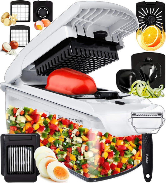 Vegetable slicer, spiralizer, mandoline - Veggie cutter, onion chopper, potato slicer, fruit cutter - (9-in-1 - White)