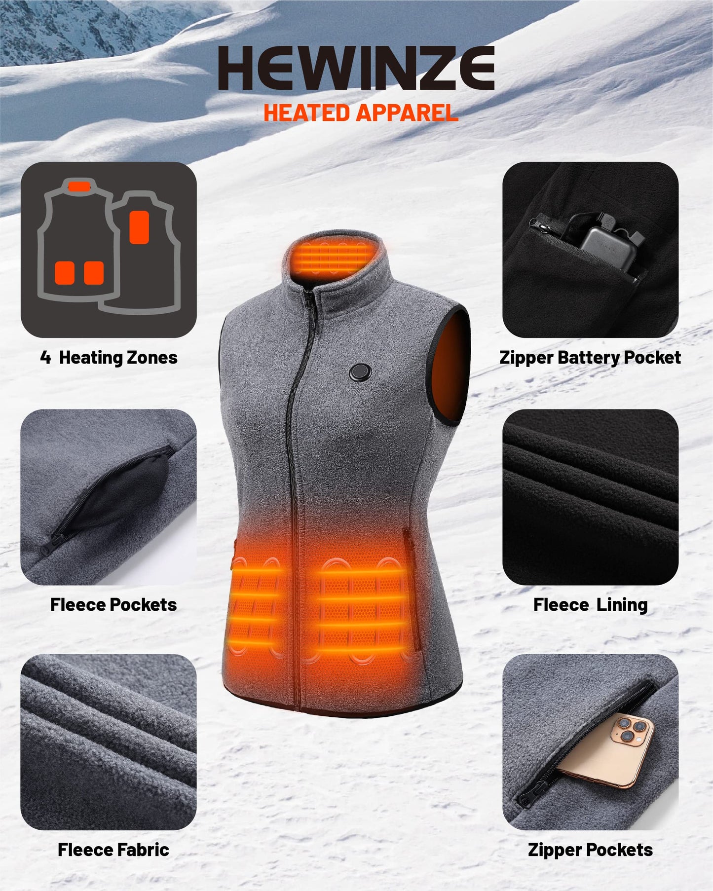 HEWINZE Fleece Heated Vest Women - Heated vest with 5V battery, hunting heated vest.