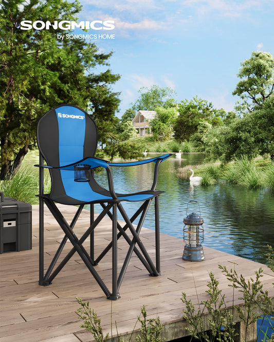 SONGMICS Beach Chair, Camping Chair, Folding Chair with Drink Holder, Foam Padding, Foldable, Supports up to 250 kg, Outdoor Chair, Blue-Black GCB06BU