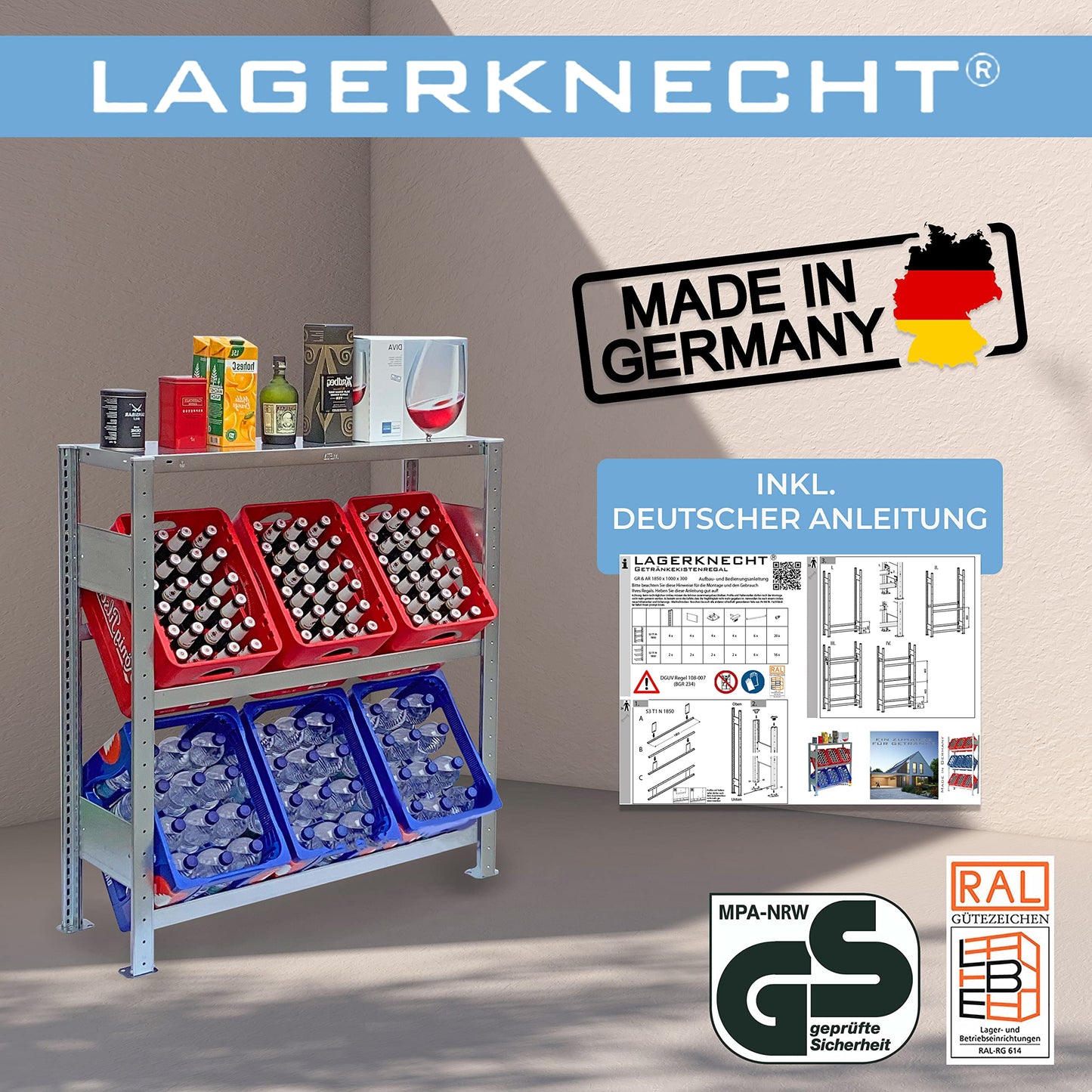 Warehouseman Beverage Crate Rack 6 Crates Made in Germany professional organization for crates Rack for beverage crates with shelf, drinks rack, water crate rack, beer crate rack