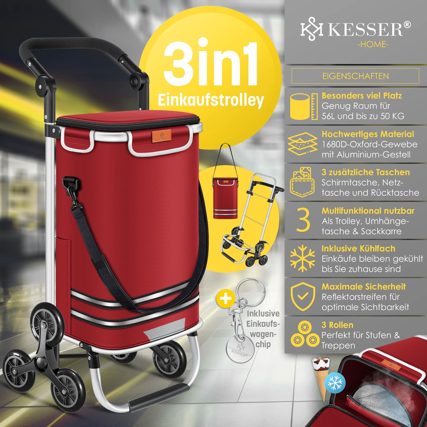 KESSER® Shopping Trolley Stair Climber with Cooler Compartment, foldable with 56L capacity and loadable up to 50kg | 3in1 trolley hand truck & shoulder bag | Foldable shopping cart including shopping chip, Bordeaux
