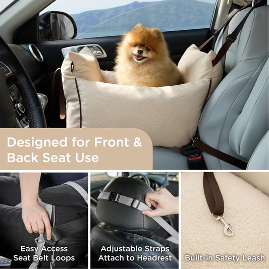 Lesure Dog Car Seat for Small Dogs - waterproof and washable dog car seat with storage pockets, detachable safety leash, and thickened memory foam filling, 58x56x33cm, Beige.