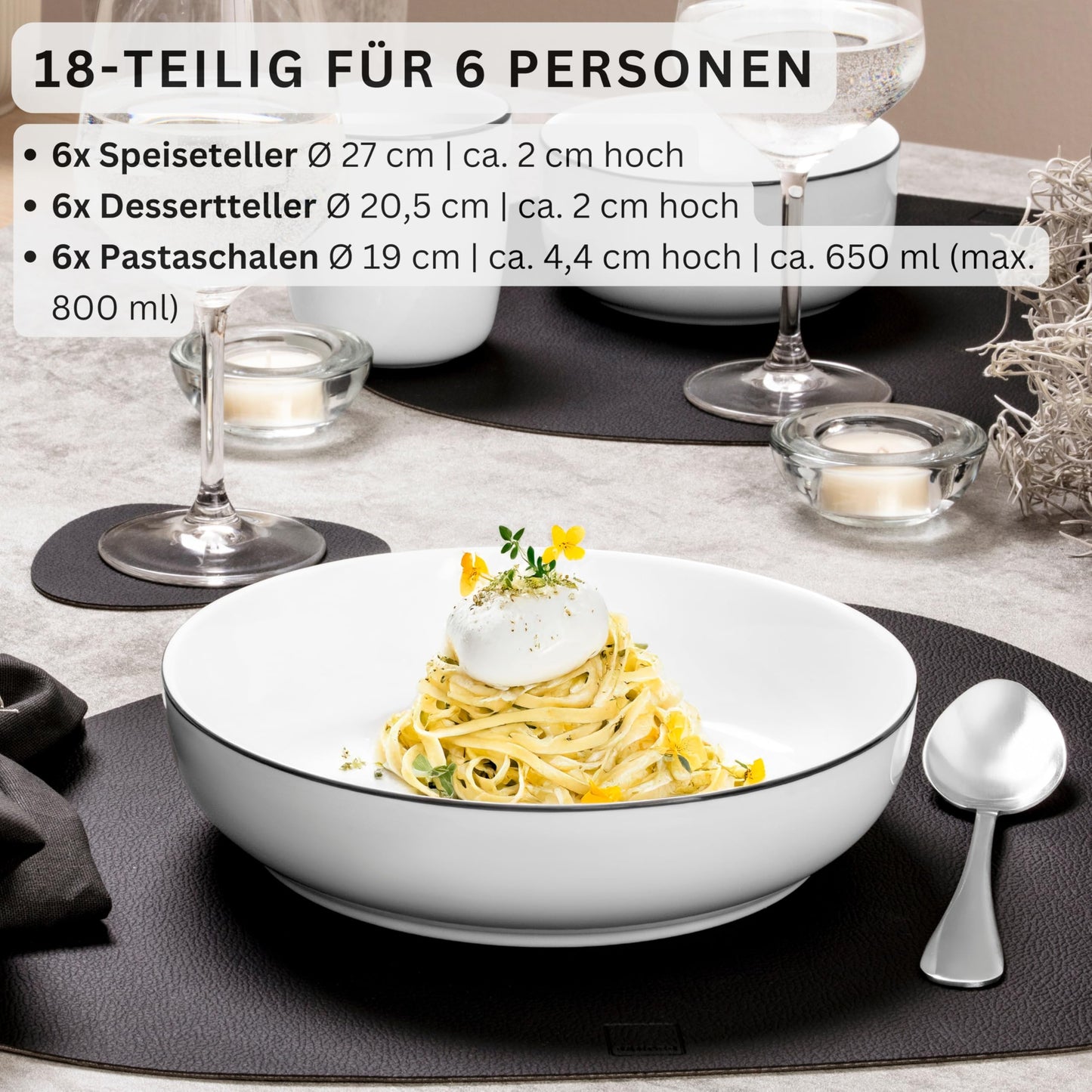 SINGER | Marlo Black Rim white tableware set, 18 pieces for 6 people made of porcelain, white with black accents, dinner plates, dessert plates, and bowls, modern design | PREMIUM COLLECTION