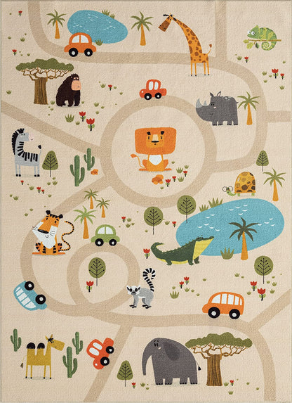 The carpet Happy Life children's room, children's carpet, play carpet, street carpet, street, jungle, animals, car, beige, 120 x 160 cm