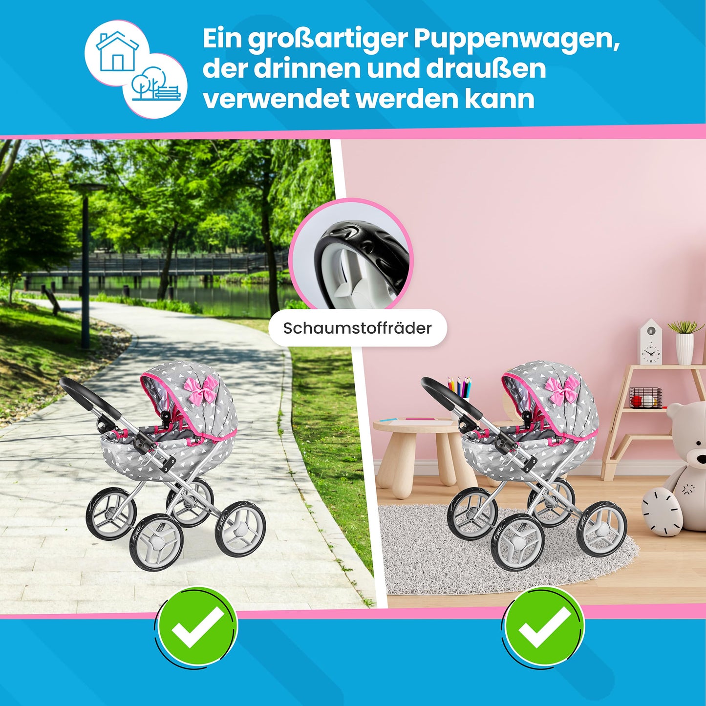 Children's play doll's pram - Lightweight & sturdy with aluminum frame - For dolls up to 40 cm, Indoors & Outdoors - Foldable with canopy & basket, Handle height 54 cm - Gray