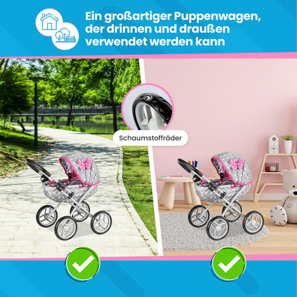 Children's play doll's pram - Lightweight & sturdy with aluminum frame - For dolls up to 40 cm, Indoors & Outdoors - Foldable with canopy & basket, Handle height 54 cm - Gray