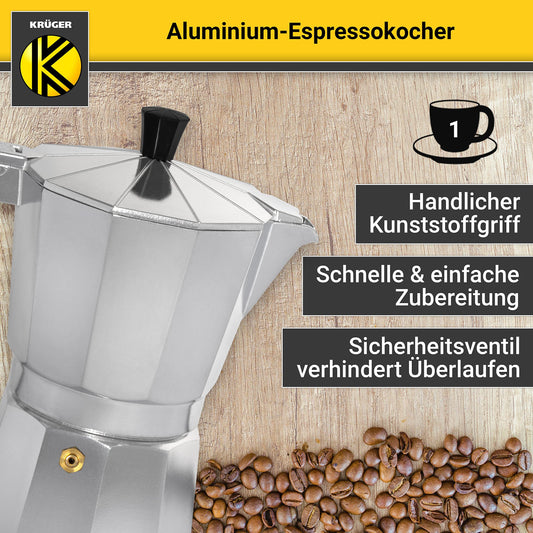 KRÜGER aluminum espresso maker with silicone seal for 1 cup - fast and easy espresso preparation - safety valve prevents overflowing - convenient handle (silver)