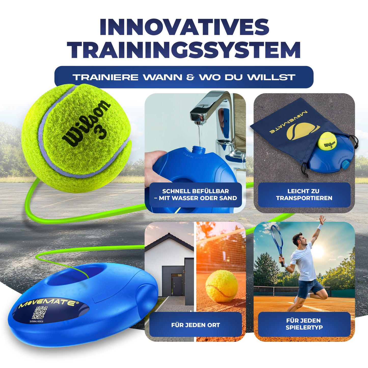 MOVEMATE Tennis Trainer Set with Wilson® tennis ball | innovative ball game for outdoor, garden, park for children & adults | includes carrying bag & instructional videos