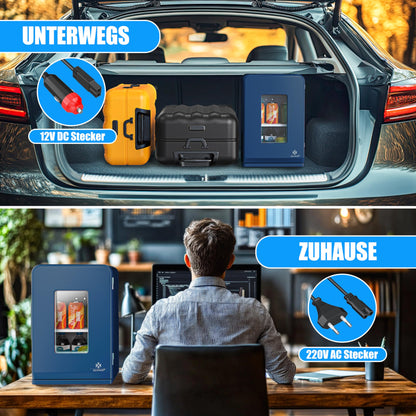 KESSER 2in1 Mini Fridge Cooler 15 liters with cooling and heating function. Portable with AC DC 220-240V/12V plug and car lighter. Keeps food warm. Perfect for car, office, room, camping, and garden in navy blue color.