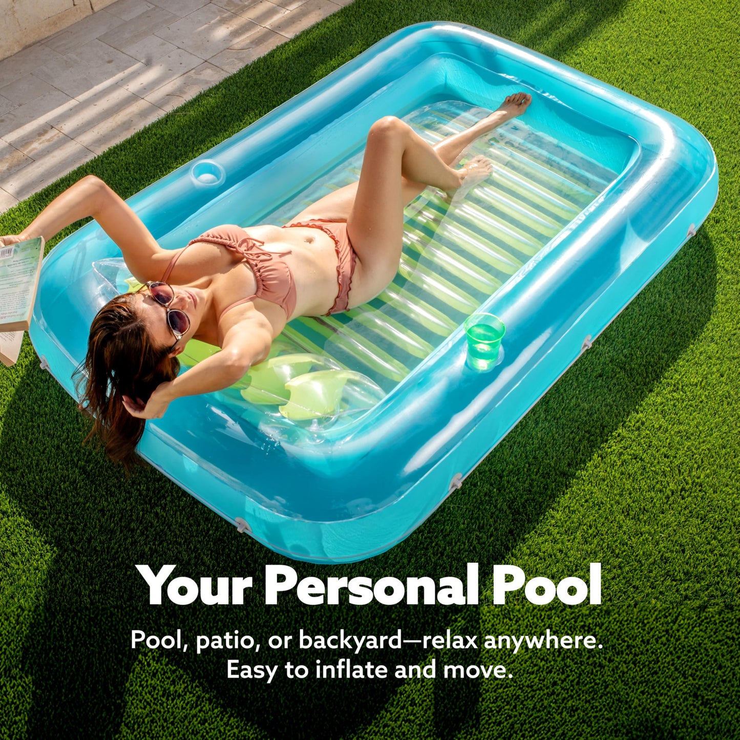 Sloosh 70" x 46" inflatable sun pool, air mattress pool, sunbathing with removable pillow, personal water mattress for adults, summer fun, water party - Blue Green
