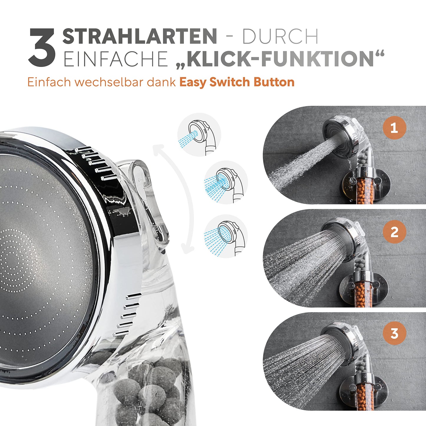 Premium shower head with mineral stones from happydrop - The water-saving handheld shower head with 3 spray modes.
