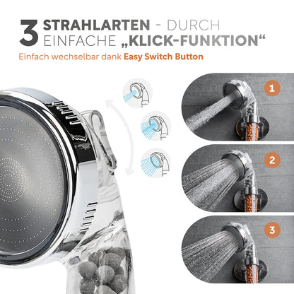 Premium shower head with mineral stones from happydrop - The water-saving handheld shower head with 3 spray modes.
