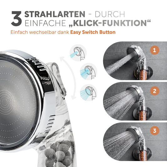 Premium shower head with mineral stones from happydrop - The water-saving handheld shower head with 3 spray modes.