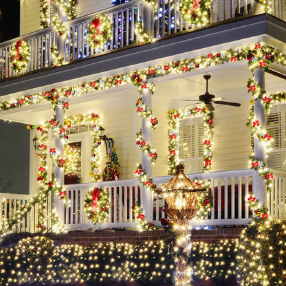 Cecaylie Pine Garland 5M, Christmas Garland green with 100 LED lights, Warm White, for indoor decoration fireplace staircase wall door outside, Artificial Pine Garland
