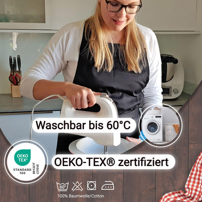ZOLLNER 2-piece cooking apron set in black - sturdy grilling apron with sewn-on pockets - for men and women - cotton - 75x100 cm - with tie straps - washable up to 60°C - Oeko Tex® certified